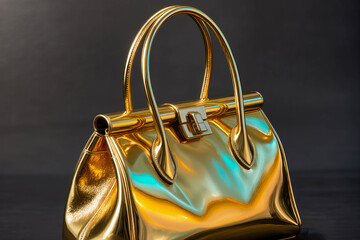 Close-up of a luxurious gold handbag with shiny, reflective surfaces and double handles. Studio lighting highlights the metallic texture and shape.