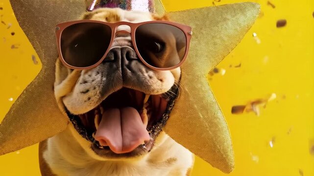 Festive Bulldog with Party Hat and Glasses. A cheerful bulldog wearing a colorful party hat and bright blue glasses, tongue out in joyful expression. 