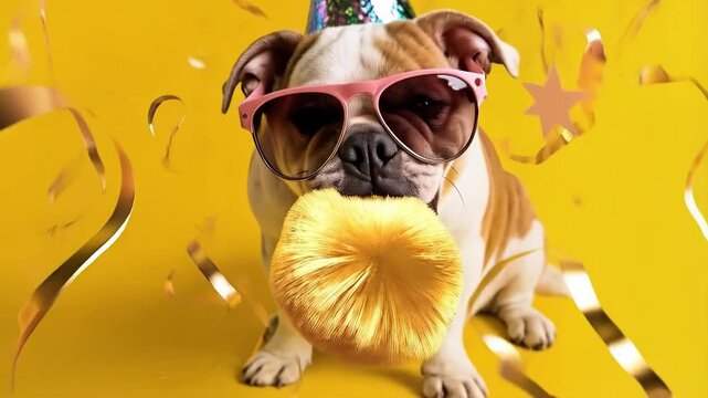 Festive Bulldog with Party Hat and Glasses. A cheerful bulldog wearing a colorful party hat and bright blue glasses, tongue out in joyful expression. 
