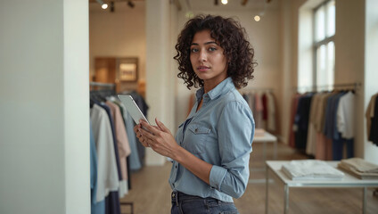 Female boutique owner managing inventory with digital tablet in clothing store
