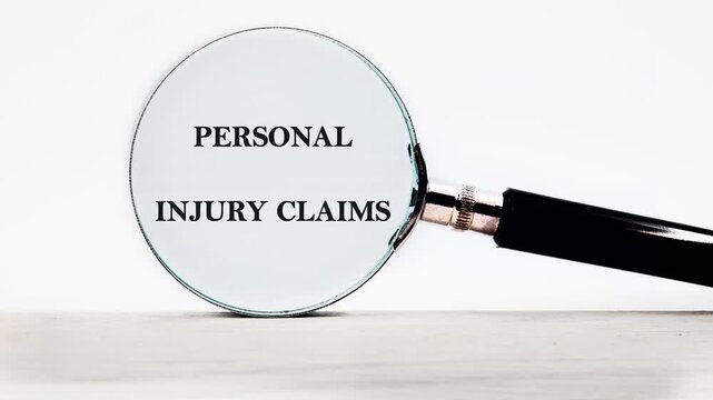A magnifying glass focuses on the phrase PERSONAL INJURY CLAIMS, showcasing the detailed scrutiny involved in assessing legal cases during a daytime review