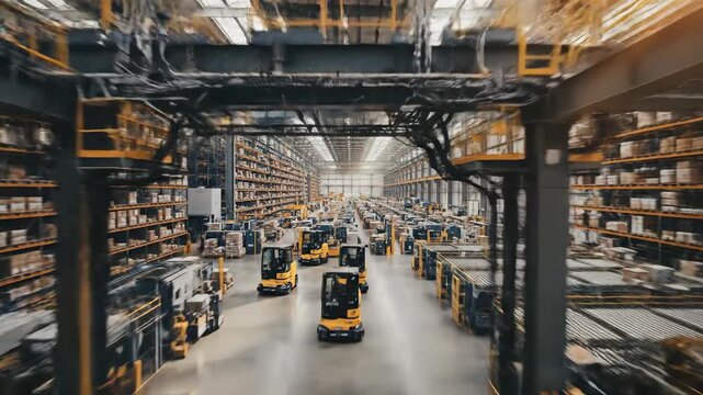 Automated vehicles efficiently transport goods in a vast, modern industrial warehouse, demonstrating advanced logistics, smart inventory management, and factory automation