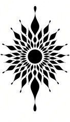 Black silhouette sunburst motif with organic teardrop shapes radiating outward from center