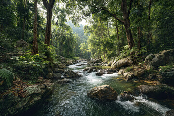 Obraz premium Tropical jungle with flowing stream surrounded by lush green trees and rocks, creating peaceful natural ecosystem with sunlight filtering through dense forest canopy