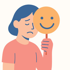 Minimal Flat Vector Illustration of a Character Holding a Happy Face Mask to Hide Sadness, Mental Health Awareness and Depression Stigma Concept