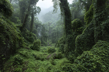 Obraz premium Dense tropical rainforest landscape with lush green foliage covering tall trees and ground, misty atmosphere creating serene and untouched natural environment