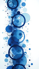 Abstract vertical design featuring dark and light blue circles rings and smoky watercolor texture against pure white background art