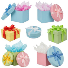 Collection of colorful gift boxes with tissue paper and ribbons