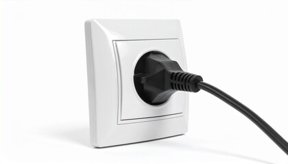 European-style electrical wall socket with black Type F plug inserted into white wall plate