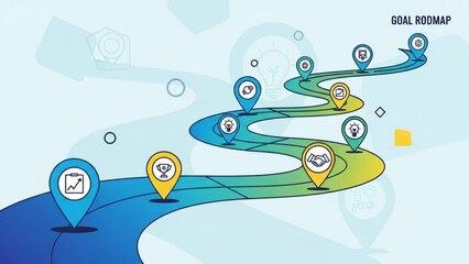 A winding roadmap illustration with location pins and icons on a light background, showcasing a journey or path
