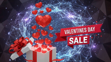 Valentines Day Sale banner with red hearts flying from gift box over digital network background.