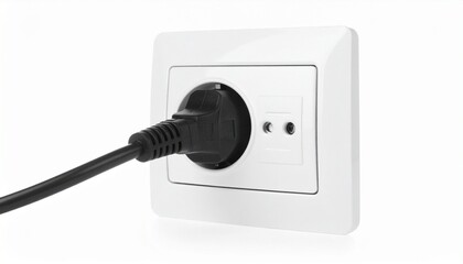 European-style electrical wall socket with black Type F plug inserted into white wall plate
