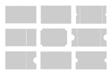 Admit tickets mockups on white background. Ticket for festival, casino, cinema, circus, theater, club. Empty flat tickets templates. ticket mockups with ruffle edges . vector illustration.