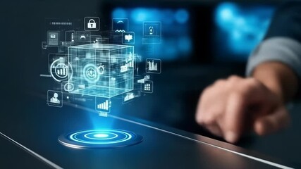 Futuristic digital data display rising from glowing pad on sleek, dark surface - Powered by Adobe