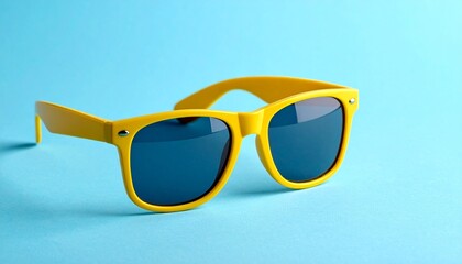 Bright yellow sunglasses with dark blue lenses centered on light blue background