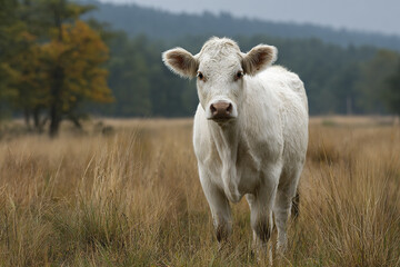 Fototapeta premium White cow standing in natural pasture with dry grass and blurred forest background, showing calm and peaceful rural farming environment