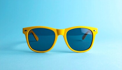 Bright yellow sunglasses with dark blue lenses centered on light blue background