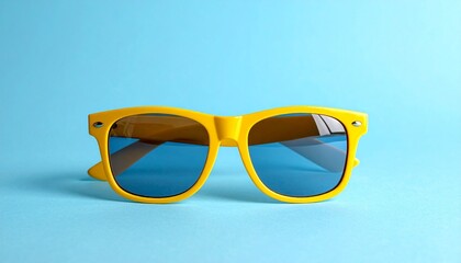 Bright yellow sunglasses with dark blue lenses centered on light blue background