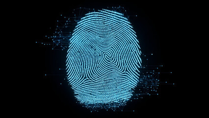 Digital representation of a glowing blue biometric fingerprint scan composed of connected nodes and data points symbolizing secure identity verification and access control technology in darkness