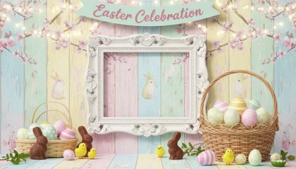Easter celebration festivities springtime decor digital illustration vibrant pastel colors whimsical setting joyful theme for seasonal promotions and family gatherings