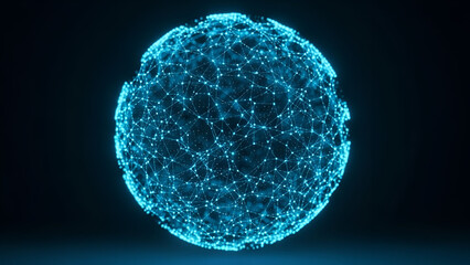 Abstract glowing blue digital sphere constructed from intricate interconnected nodes and lines representing global network connectivity and futuristic technology concepts against a dark background