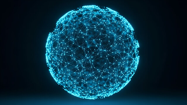 Abstract glowing blue digital sphere constructed from intricate interconnected nodes and lines representing global network connectivity and futuristic technology concepts against a dark background - Powered by Adobe
