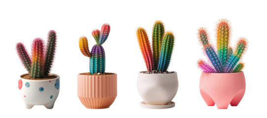 Beautiful multicolored cactus in a pot isolated on transparent background