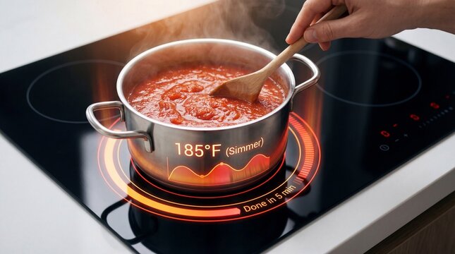Close up of pot on induction cooktop with glowing digital temperature control interface and timer ring
