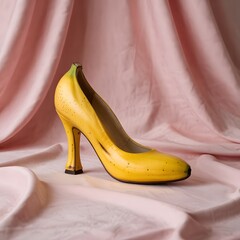 Creative Banana High Heel Shoe on Pink Fabric Background, Surreal Fashion Concept, AI Generated