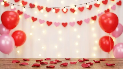 Obraz premium Romantic celebration with heart decorations and balloons indoor event festive ambiance cozy setting close-up view love and affection theme for valentine's day decoration