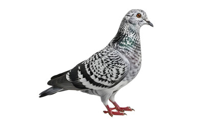 Fototapeta premium Detailed portrait of a beautiful rock dove pigeon featuring striking speckled white and black feather patterns standing isolated on a transparent background