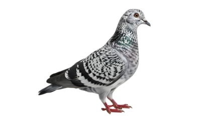 Detailed portrait of a beautiful rock dove pigeon featuring striking speckled white and black feather patterns standing isolated on a transparent background