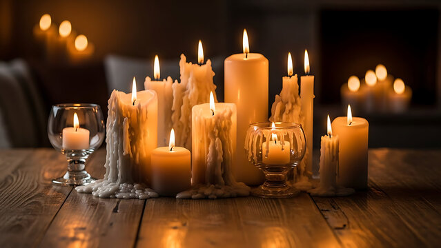 Wax burning candles on table.png cinematic lighting with rich color contrast, refined texture detail, balanced composition, immersive depth and expres