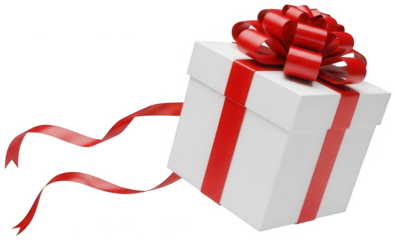 Dynamic white gift box floating in air with flowing red ribbons and big decorative bow for holiday announcement