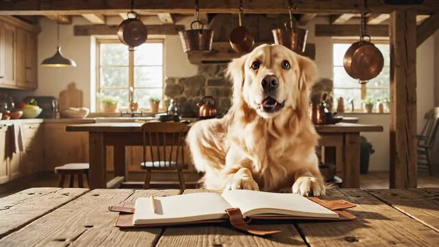A golden retriever dog eagerly awaits instruction while lying on a wooden table with an open book in a rustic kitchen