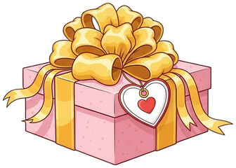 Cute pink gift box with large golden bow and heart tag illustration