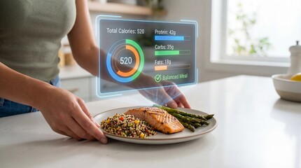 Person plating healthy meal with glowing holographic nutrition data and calorie tracking visualization