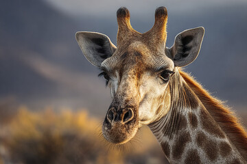 Obraz premium Wildlife giraffe headshot in natural environment with detailed fur and expressive eyes, showcasing animal unique features and gentle expression in soft natural light