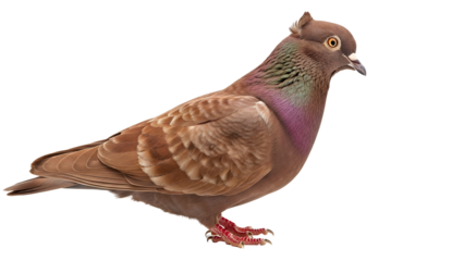Beautiful brown pigeon standing isolated on white background with vibrant green and purple neck feathers and red feet showcasing its unique plumage and bird characteristics.