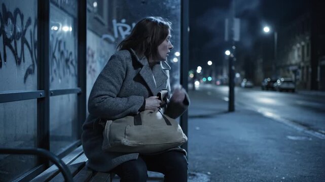 A woman sits alone on a chilly evening at a nearly empty bus stop, illuminated by faint streetlights. Her expression reveals deep contemplation amid an urban backdrop.