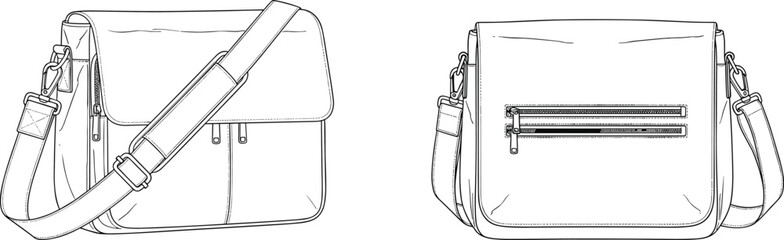 Cad drawing, flat vector illustration, messenger bag sketch, flap closure, zippered pockets, adjustable strap, fashion accessory, product design, gear © SreeRupali