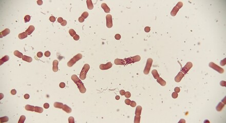 明るい光に照らされ拡大されたピンク色の棒状菌と球菌 微生物の多様な姿が顕微鏡下に広がる. AI Generated