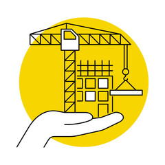 Construction project support - thin line illustration with yellow fill