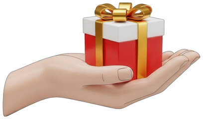 Hand holding a red and white gift box with a golden ribbon, perfect for celebrations and special occasions