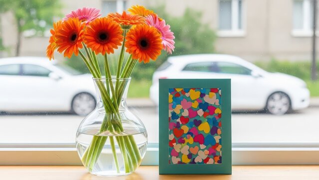 Vibrant flowers in vase beside artwork on windowsill - Powered by Adobe