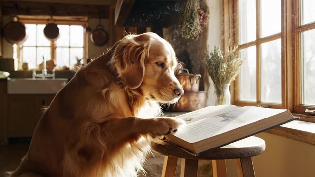 A studious Golden Retriever dog engrossed in reading a book by a sunlit window in a cozy, rustic country kitchen
