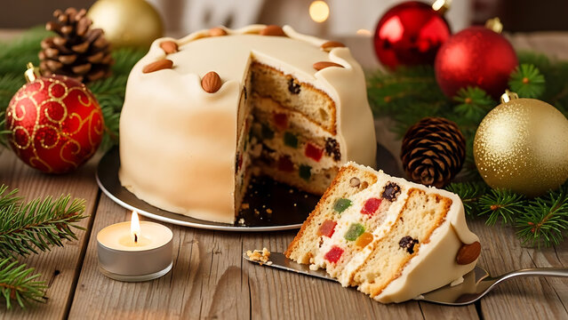 Tasty cut Christmas cake with spatula candle balls and fir tree branches on table.png cinematic lighting with rich color contrast, refined texture det