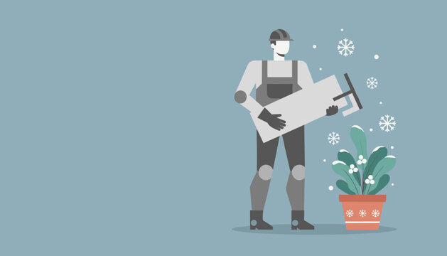 Worker holding material next to a potted plant with falling snowflakes Winter construction service - Powered by Adobe