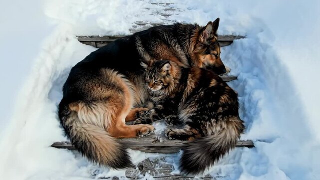Top-down aerial view of a generic dog and cat curled up together on a weathered wooden step completely surrounded by untouched fresh white snow fresh, mammals, curled