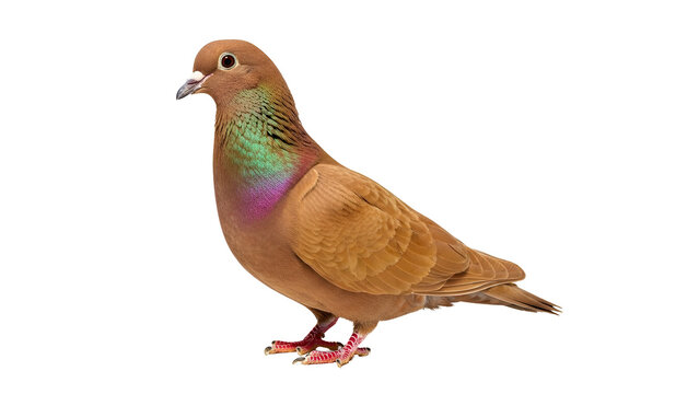 Beautiful brown pigeon with iridescent green and purple neck feathers standing proudly on a plain white background with its head turned to the left side.